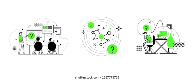 Brain storm graphic designer thinking about problem solution vector flat line art illustration commercial use set of images