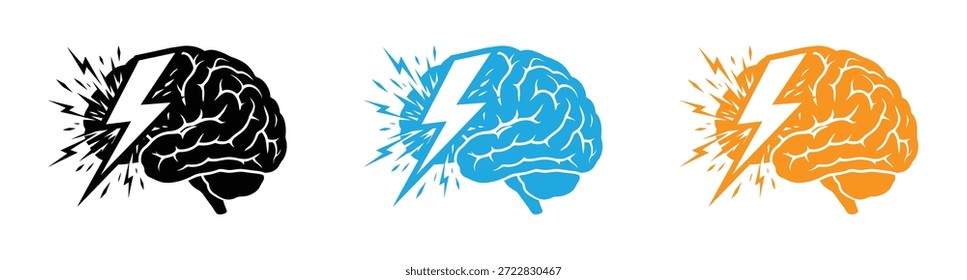 Icono de tormenta cerebral. Ideas de lluvia de ideas con conceptos de descargas eléctricas. Ilustraciones vibrantes del cerebro con chispas de choque eléctrico, que simbolizan ideas creativas e innovación. 