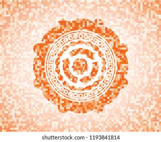 brain storm icon inside abstract orange mosaic emblem