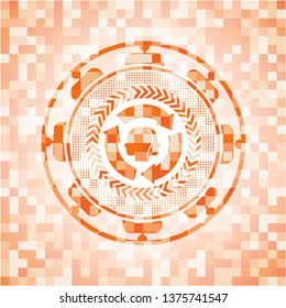 brain storm icon inside abstract emblem, orange mosaic background