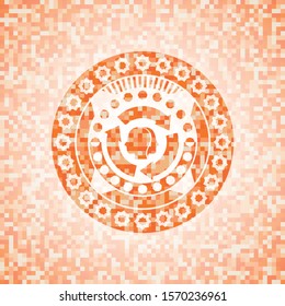 brain storm icon inside abstract orange mosaic emblem