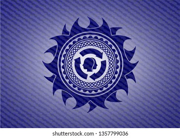 brain storm icon inside badge with denim background