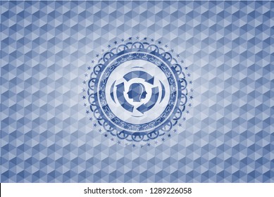 brain storm icon inside blue badge with geometric pattern background.
