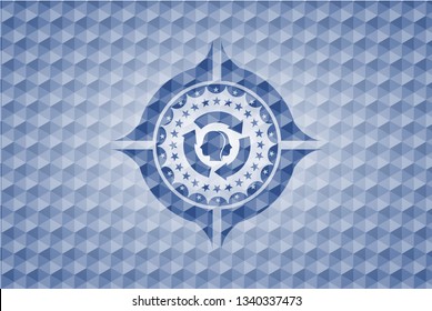 brain storm icon inside blue badge with geometric pattern background.