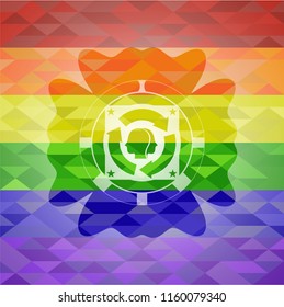 brain storm icon inside emblem on mosaic background with the colors of the LGBT flag