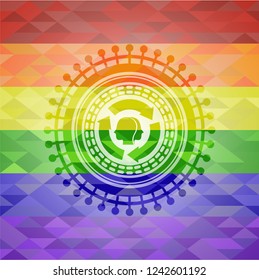 brain storm icon inside emblem on mosaic background with the colors of the LGBT flag