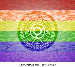 icono de la tormenta cerebral dentro del emblema sobre fondo de mosaico con los colores de la bandera LGBT