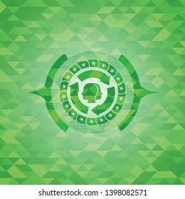 brain storm icon inside green emblem. Mosaic background