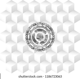 brain storm icon inside grey badge with geometric cube white background