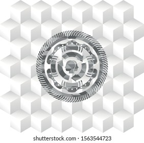 brain storm icon inside grey badge with geometric cube white background