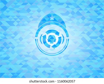 brain storm icon inside light blue emblem with mosaic ecological style background