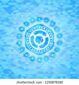 brain storm icon inside light blue emblem with triangle mosaic background