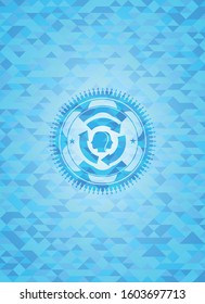 brain storm icon inside light blue emblem with triangle mosaic background