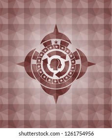 brain storm icon inside red seamless badge with geometric pattern background.