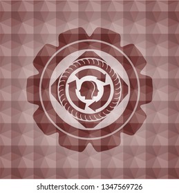 brain storm icon inside red seamless emblem with geometric pattern background.