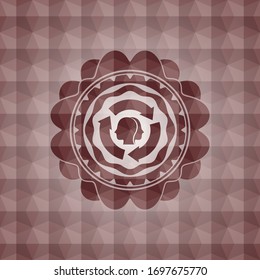 brain storm icon inside red seamless emblem or badge with abstract geometric polygonal pattern background.