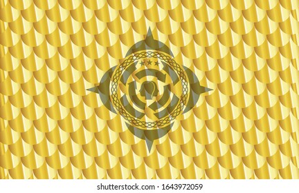 brain storm icon inside shiny golden badge. Scales pattern. Vector Illustration. Detailed.