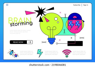Brain storming - colorful flat design style illustration with linear elements. Neon colored composition with light bulb and joyful face. Solution found, great idea, lightning and imagination