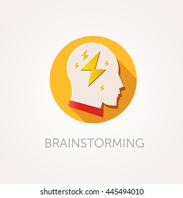Brain Storming Icon. Flat design style with long shadow. Creative idea, thinking or brain storm icon. Man head with flash. App icon