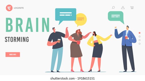 Brain Storming Landing Page Template. People Communicating during Meetup Coffee Break. Men and Women Chatting, Communicate, Discussing Working Issues, Share Ideas. Cartoon People Vector Illustration