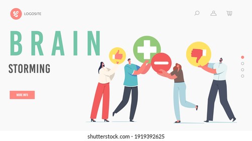 Brain Storming Landing Page Template. Tiny Characters with Huge Plus and Minus Icons, Thumb Up and Down Count Advantages, Disadvantages Make Pros or Cons Decision. Cartoon People Vector Illustration