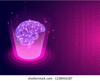 Concepto de irrupción cerebral o inteligencia médica con cerebro humano entre rayos digitales sobre fondo de matriz morada.