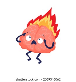 Brain stress character. Cartoon intense burning brain with face. Internal human organs. Stock vector illustration isolated on white background.