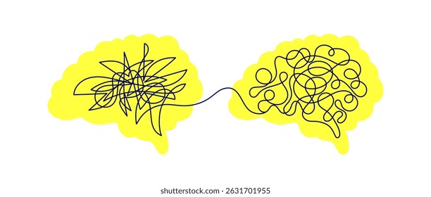 Cérebro. Conceito de estresse. Caos, psicoterapia mental. Paciente. Sinal de linha de arte vetorial emaranhado. Cabeça de humanos abstrata. Processo de psicologia, problemas de design de solução. Caminho de linha complicado. Traçado editável