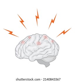 Brain stress illustration concept. stress affecting human brain, internal organ stressed with outside factors vector illustration. brain stressed with red lightnings causing headache