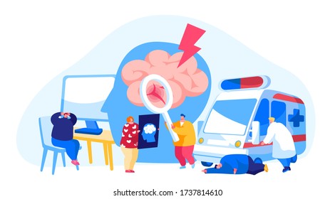 Brain Stroke, Apoplexy, Insult Attack Concept. Ambulance Hospitalize Patient Character To Clinic, Doctor Learn Broken Bleeding Vessel In Human Brain. Man Head Ache. Cartoon People Vector Illustration