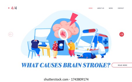 Brain Stroke, Apoplexy, Insult Attack Landing Page Template. Ambulance Hospitalize Patient Character to Clinic, Doctor Learn Broken Bleeding Vessel in Human Brain. Cartoon People Vector Illustration