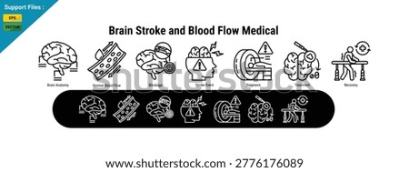 Brain Stroke and Blood Flow Medical Concept with Cerebral Circulation, Ischemic Stroke and Healthcare Illustration. outline icon set