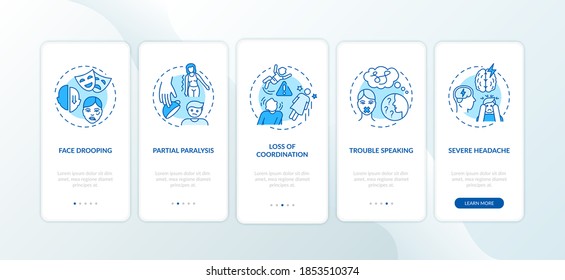Brain stroke blue onboarding mobile app page screen with concepts. Neurology problem. Brain health care walkthrough 5 steps graphic instructions. UI vector template with RGB color illustrations