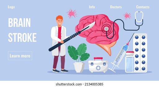 Hirnschlag Konzept Vektor für Medizin Blog, Medizin Blog. Gehirn mit EKG, Enzephalogramm-Maschine. Neuron unter Lupe. Neurologie, Parkinson-Krankheit und Alzheimer. 