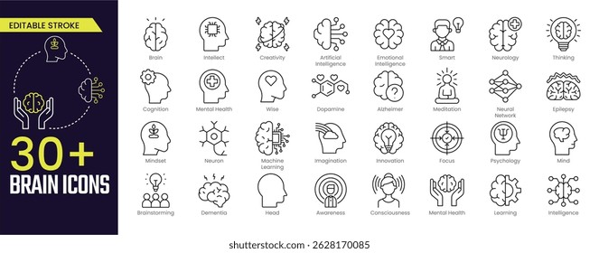Brain Stroke icon collections. Containing Creativity, Artificial Intelligence, Thinking, Smart, Neurology, Mental Health, and Brainstorming icons. Editable Stroke icon collection Outline icon