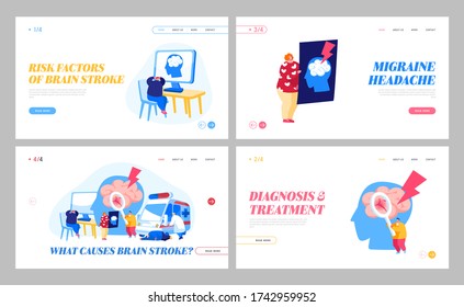 Conjunto de plantillas de la página de aterrizaje de los frenos. Ambulancia Hospitaliza el Carácter Paciente a Clínica, el Doctor Aprende Vaso Sangrado Roto en el Cerebro Humano. Ache Ache, Cabeza de Apoplejía. Ilustración de vectores de personas de caricatura