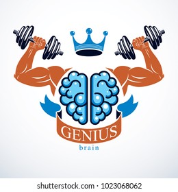 Brain with strong bicep hands of bodybuilder. Power Brain emblem, genius concept.  Brain training, grow IQ, mental health.