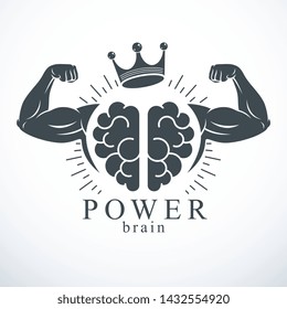 Brain with strong bicep hands of bodybuilder. Power Brain emblem, genius concept.  Brain training, grow IQ, mental health.
