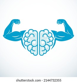 Brain with strong bicep hands of bodybuilder. Power Brain emblem, genius concept.  Brain training, grow IQ, mental health. Vector design.