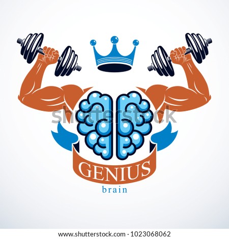 Brain with strong bicep hands of bodybuilder. Power Brain emblem, genius concept.  Brain training, grow IQ, mental health.