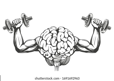 brain with strong hands, brain training, icon cartoon hand drawn vector illustration sketch