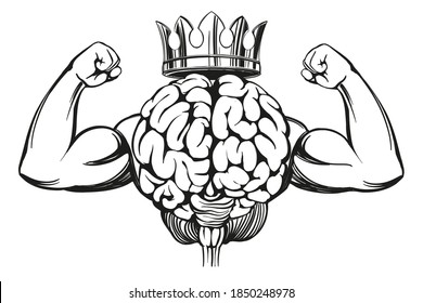 brain with strong hands, brain training, icon cartoon hand drawn vector illustration sketch