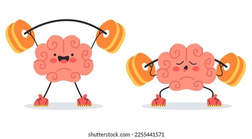 Brain strong hold weight in gym doing exercise fitness memory training concept. Vector cartoon graphic design element illustration
