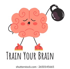 Brain strong hold weight in gym doing exercise fitness memory training concept. Vector cartoon graphic design element illustration