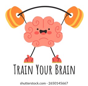 Brain strong hold weight in gym doing exercise fitness memory training concept. Vector cartoon graphic design element illustration