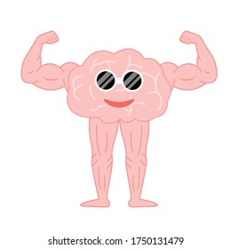 Brain with sun glasses flexing his powerful muscles cartoon vector