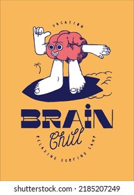 Brain surfer. Brain character riding surfboard. Summer sports silkscreen t-shirt print vector illustration.