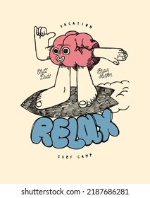 Surfista cerebral. Relájese personaje con estilo de la tipografía de surf de la pantalla de seda, ilustración vectorial de la impresión de camisetas.