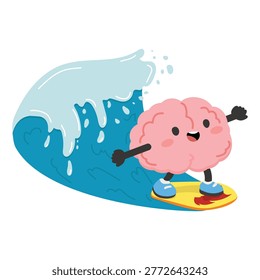 Brain surfing on a wave representing balance, freedom, lifestyle, and mental wellness. Ideal for themes of relaxation, stress management, creativity, and positive living.