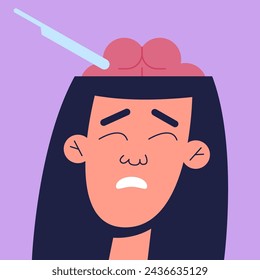 Brain surgery for girl. Subjects of medical research, experiments in clinical laboratories. Brain, mental health. Flat vector illustration.